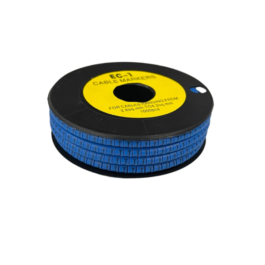 Spool of blue plastic cable markers Cable "J" Marker 2.6mm to 4.2mm Blue on black reel for wire identification