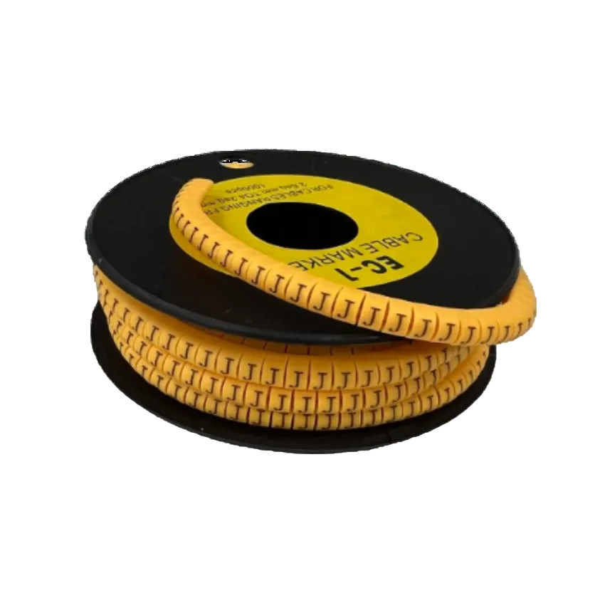 Spool of yellow flexible cable markers with repeated J labels for wire organization Cable "J" Marker 2.6mm to 4.2mm Yellow