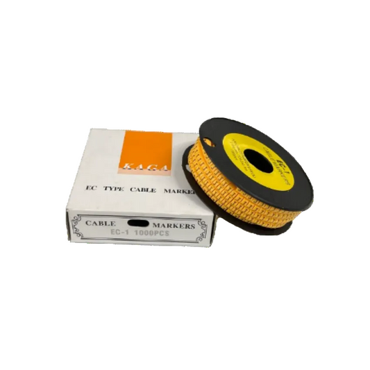 Spool of yellow cable markers and white box packaging Cable "J" Marker 2.6mm to 4.2mm Yellow for wire labeling