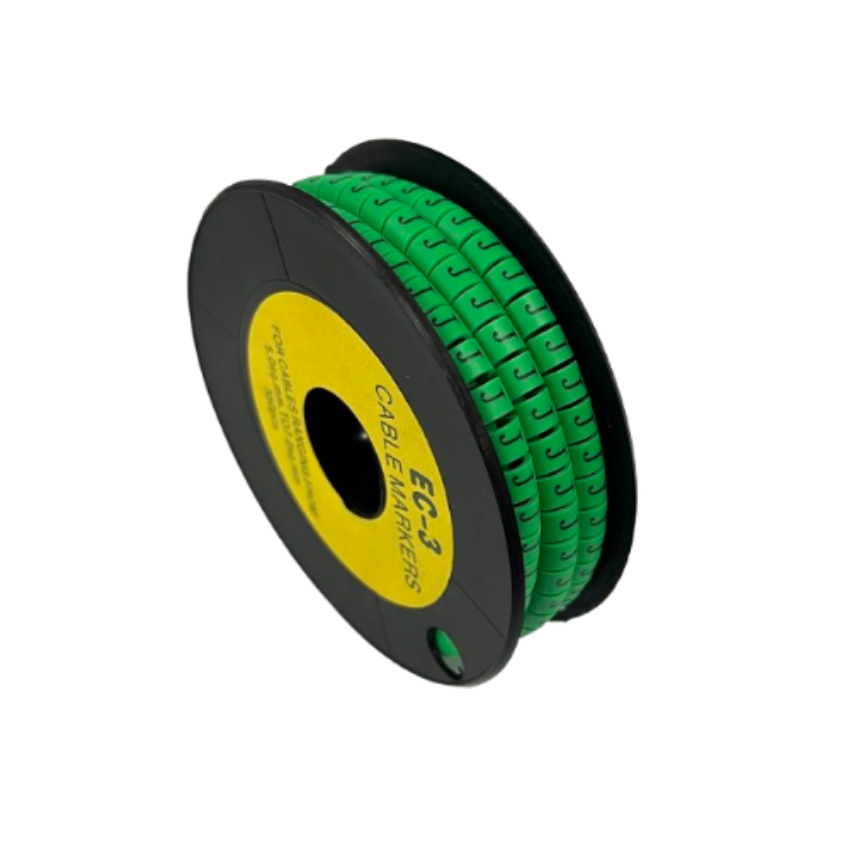 Spool of green Cable "J" Marker 5.0mm to 7.2mm Green cable markers on a black reel for cable management