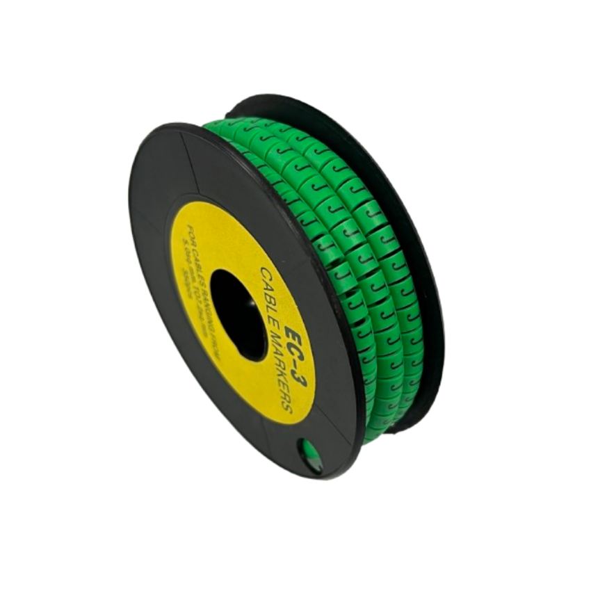 Spool of green Cable "J" Marker 5.0mm to 7.2mm Green cable markers on black reel for wire identification and organization