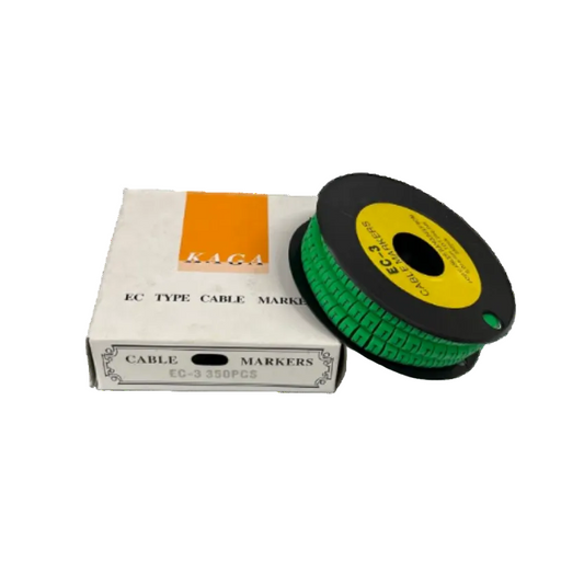 Spool of green Cable "J" Marker 5.0mm to 7.2mm Green on a black reel next to white box