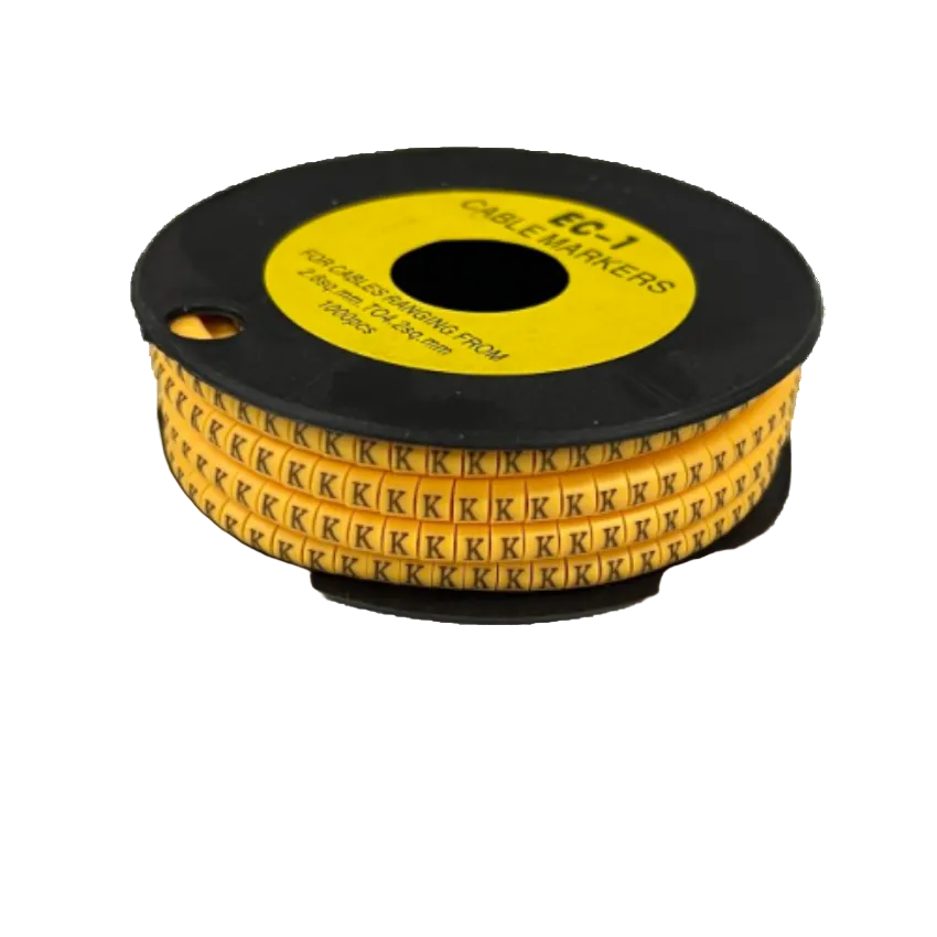 Spool of yellow Cable "K" Marker 2.6mm to 4.2mm Yellow wire ID sleeves with repeating black K for cable management