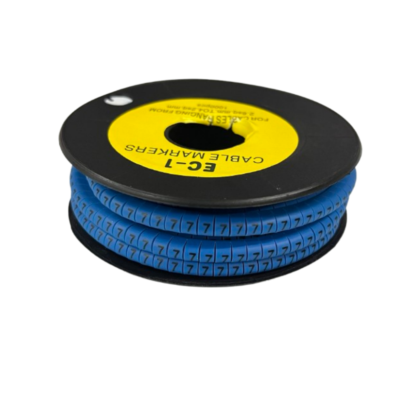 Spool of blue numeric cable markers showing repeated 7 for cable labeling Cable Marke Blue - 7