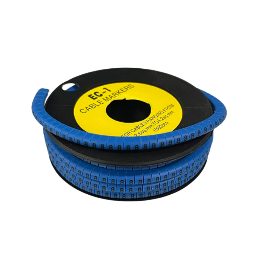 Spool of blue numeric ring cable labels on black reel for wire organization Cable Marker -8 Blue for cable management