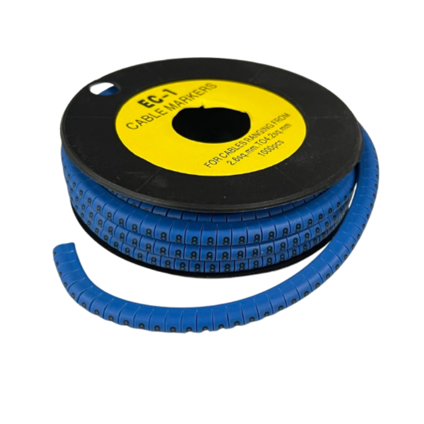 Cable Marker -8 Blue spool of flexible numbered cable markers on a black reel for wire labeling