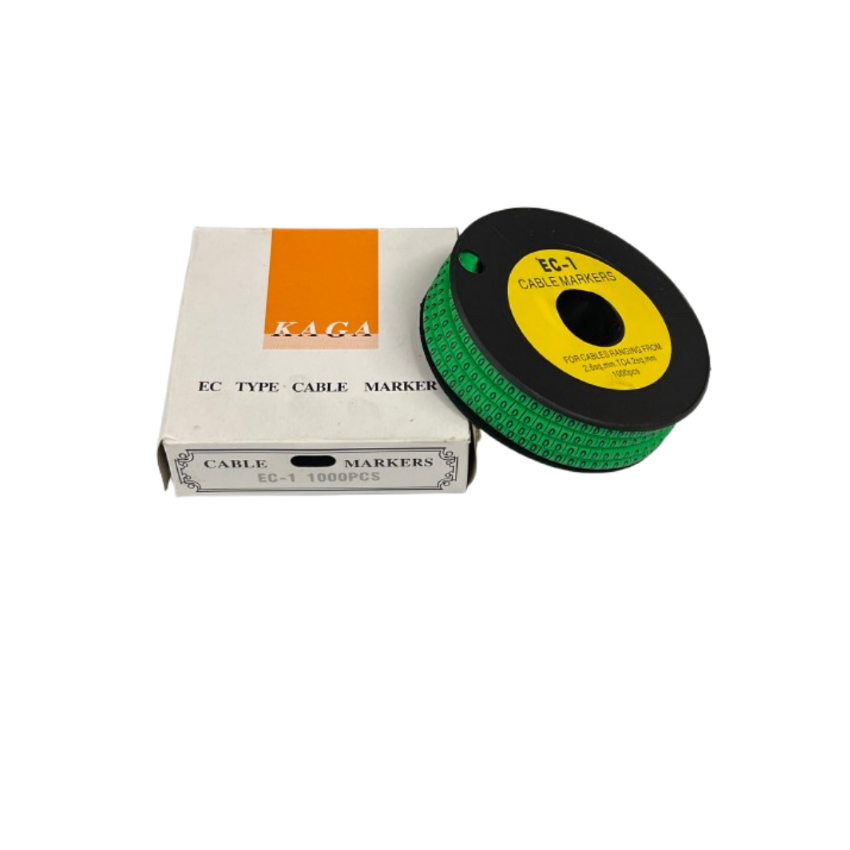 Grippes cable management spool with roll of green numeric tags and box labeled KAGA Cable Marker 0 Green for wire identification