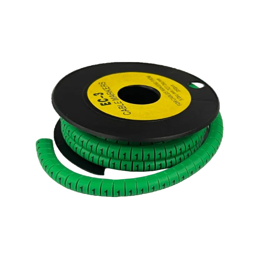 Cable Marker 1 Green segmented spiral cable marker tubing on black spool for wire identification