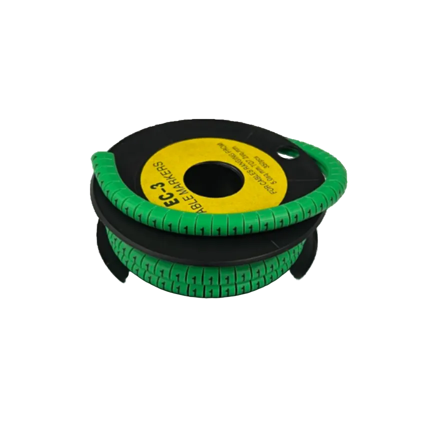 Cable Marker 1 Green spool of numbered markers on black reel for wire identification and organization