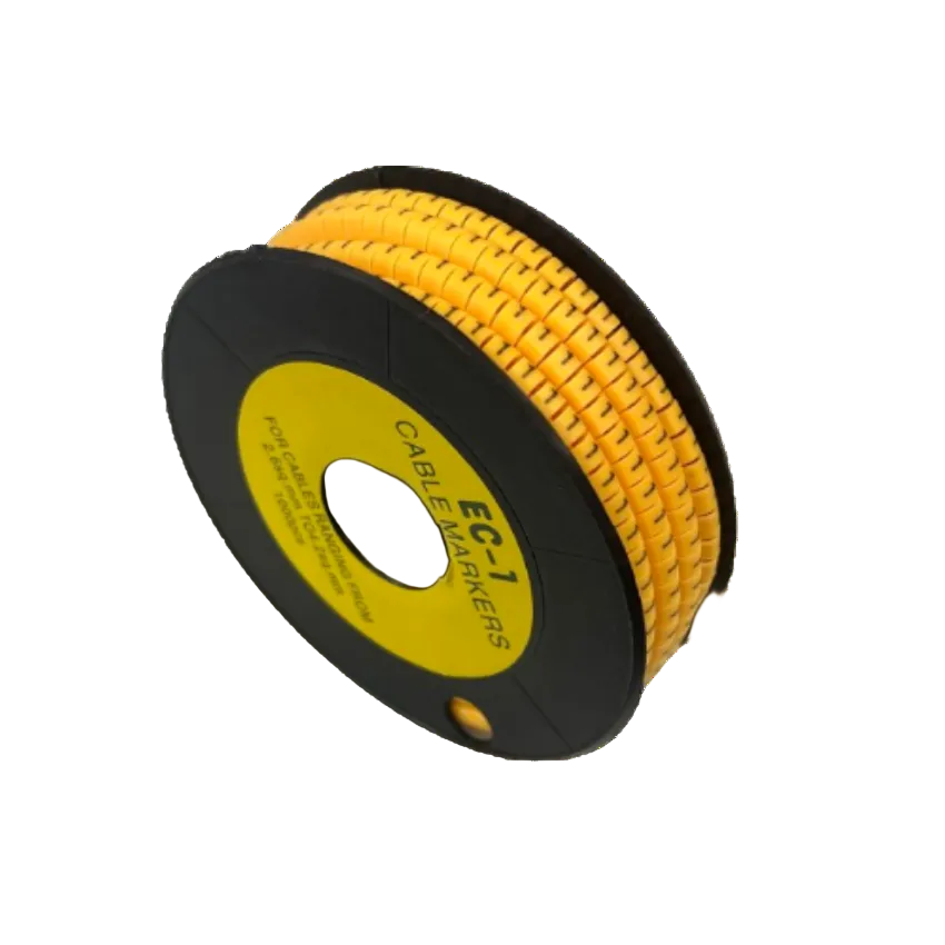 Cable Marker 1 Yellow spool of flexible split wire markers on black reel for cable management installations