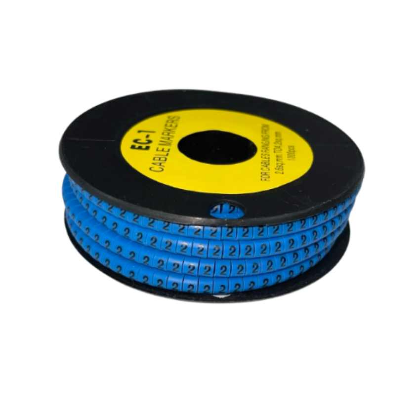 Spool of blue numeric cable markers with repeating 2 labels on a black reel Cable Marker 2 Blue