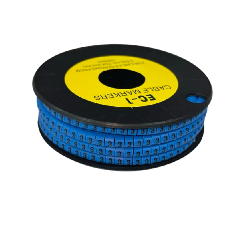 Cable Marker 3 Blue spool of adhesive number 3 cable markers on black reel for wire labeling