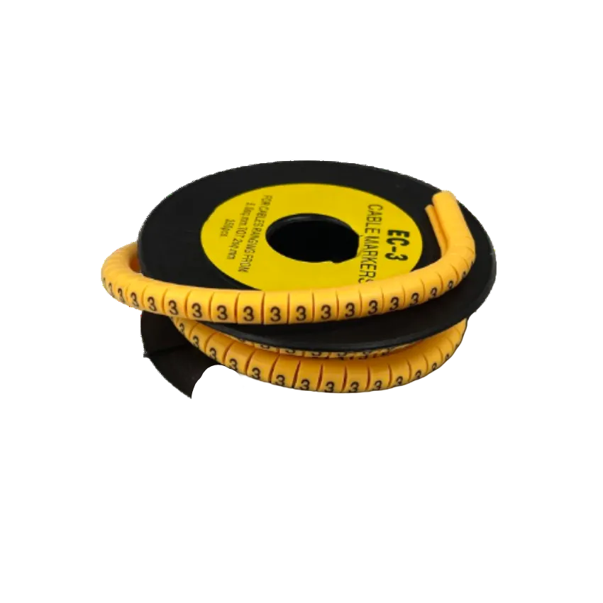 Cable Marker 3 yellow flexible spiral cable markers on a black spool showing repeated number 3 for labeling cables