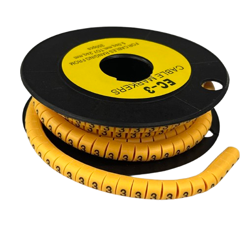 Cable Marker 3 yellow spiral wrap cable labels on black reel for wire identification and organization