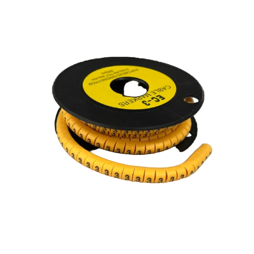 Cable Marker 3 yellow spiral wrap cable labels on black reel for wire identification and organization