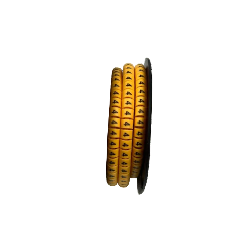 Grippes Cable Marker - 4 Yellow reel showing multiple yellow number 4 markers on a black spool for cable organization
