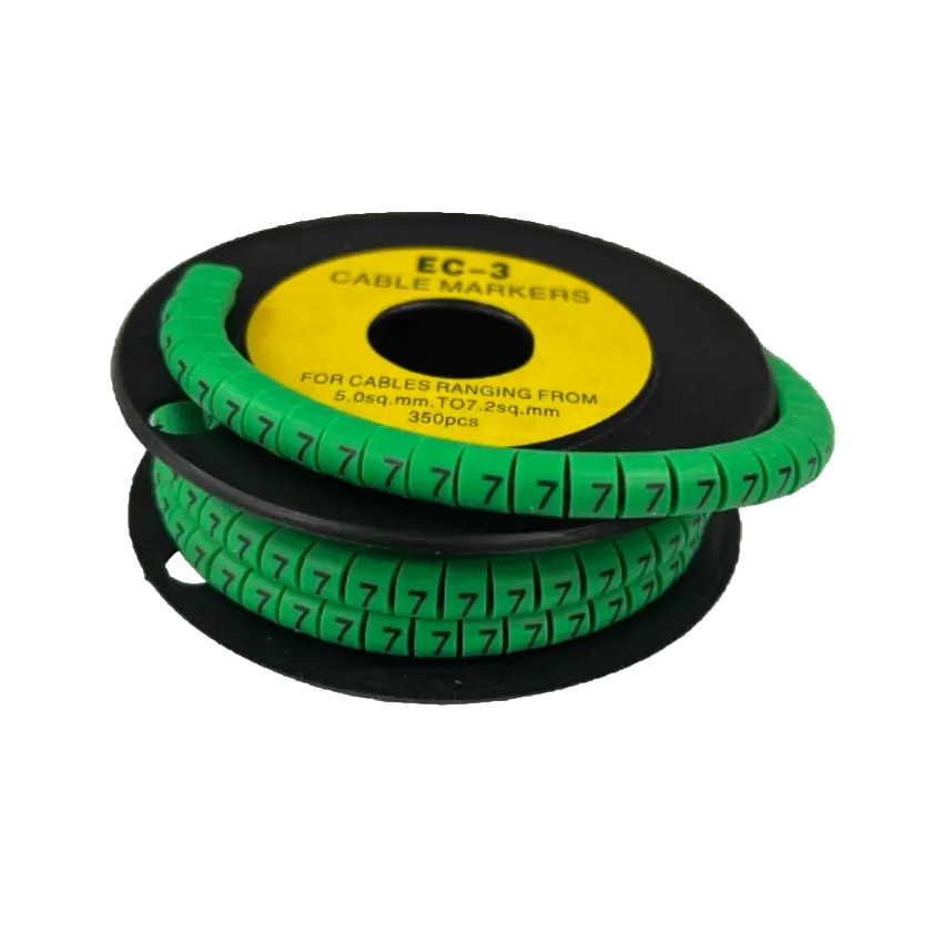 Cable Marker 5 Green segmented numeric cable markers on a black reel for wiring identification
