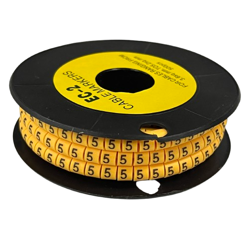 Grippes Cable Marker 5 - Yellow reel of plastic number 5 markers on black spool for cable identification