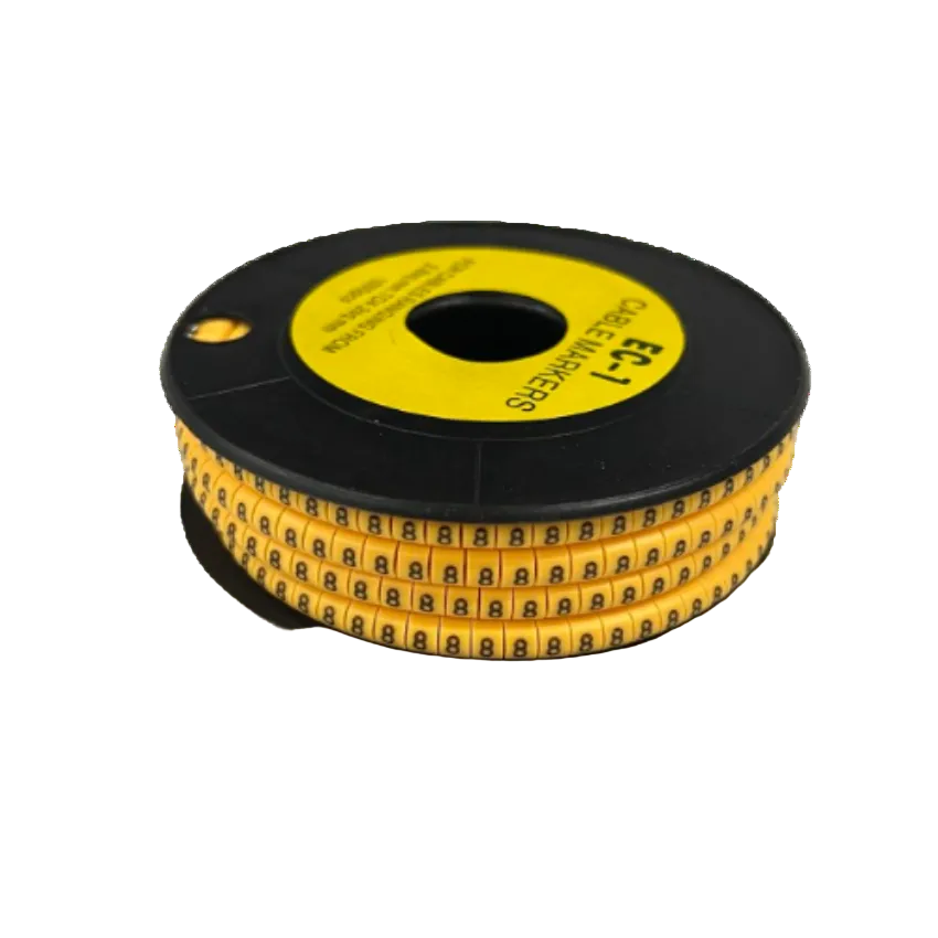 Spool of Cable Marker - 8 Yellow adhesive number labels on a black reel for cable management