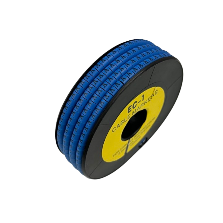 Spool of blue lettered cable markers showing repeated A labels Cable Marker - A Blue for wiring organization