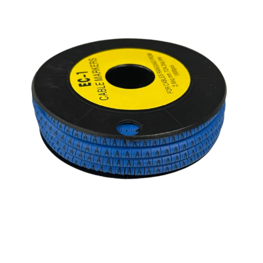 Spool of blue snap on cable markers labeled A on a reel for wire organization Cable Marker - A Blue