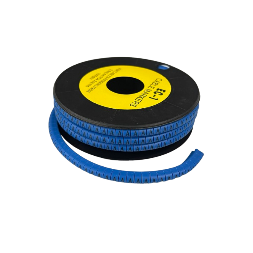 Cable Marker - A Blue spool of flexible labeled cable markers with repeating A characters on a black reel for wire organization