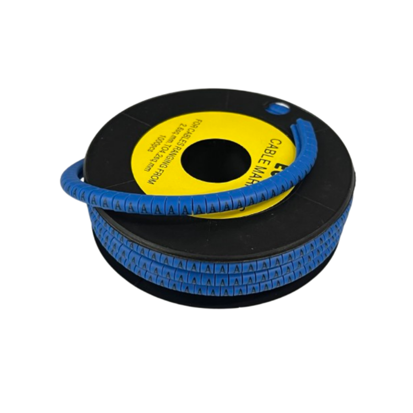 Roll of blue cable ID sleeve markers on a black spool Cable Marker - A Blue for organized cable management