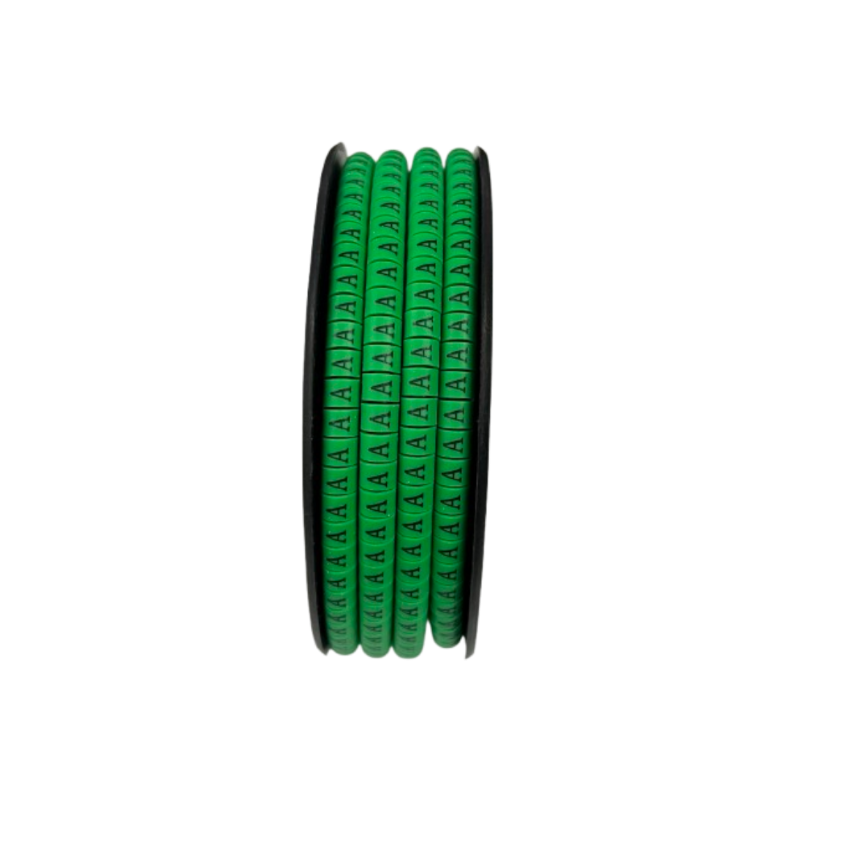 Grippes Cable Marker - A Green spool of vinyl letter A cable markers for organized wiring and labeling