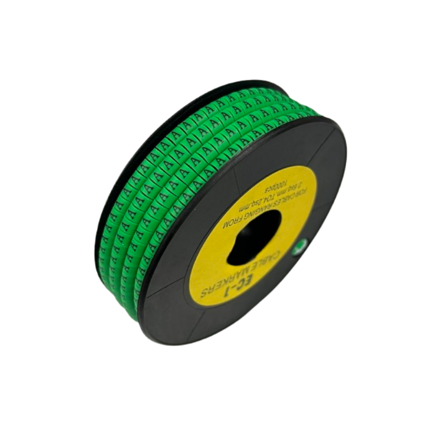 Grippes Cable Marker - A Green spool showing adhesive letter A markers for organized cable management