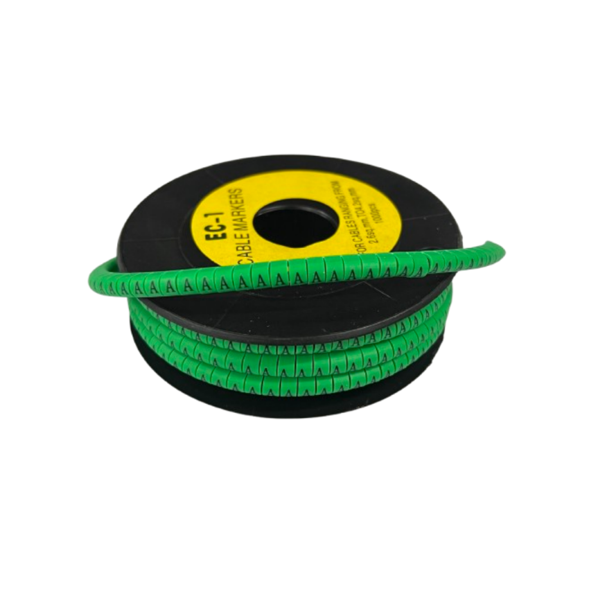 Grippes Cable Marker - A Green spiral wrap roll with repeated A labels for identifying and organizing cables