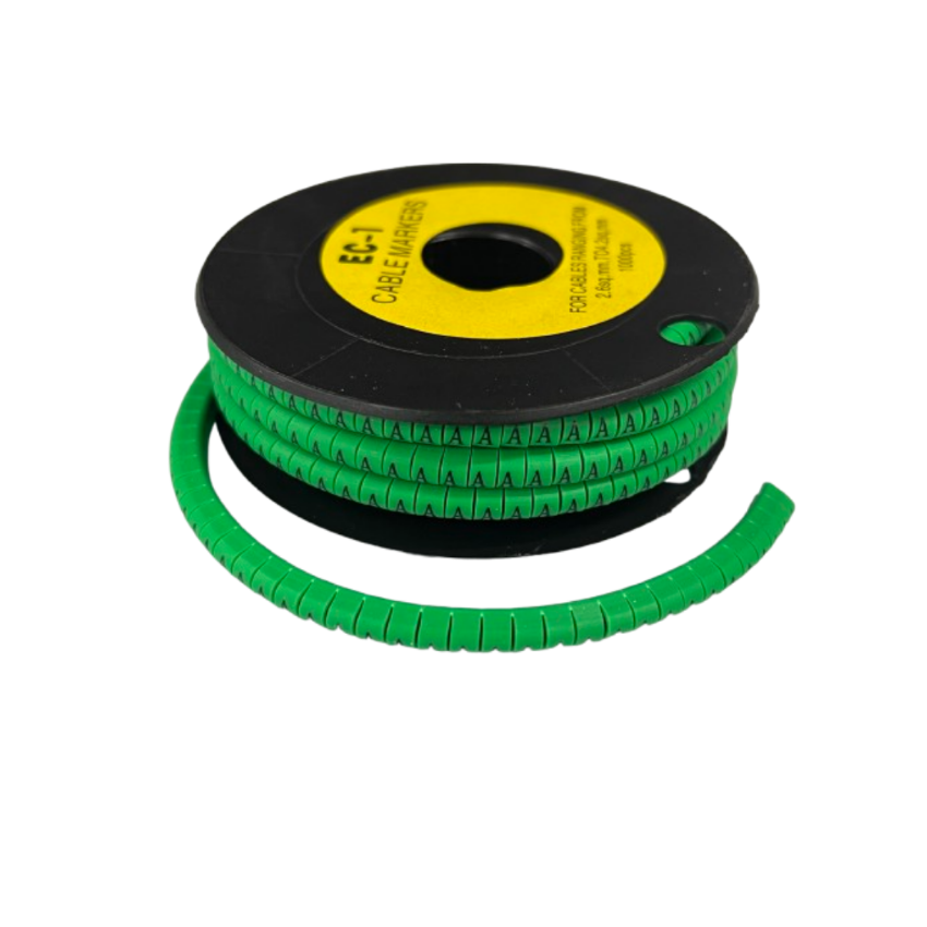 Grippes Cable Marker - A Green spool of segmented green A markers on black reel for cable management