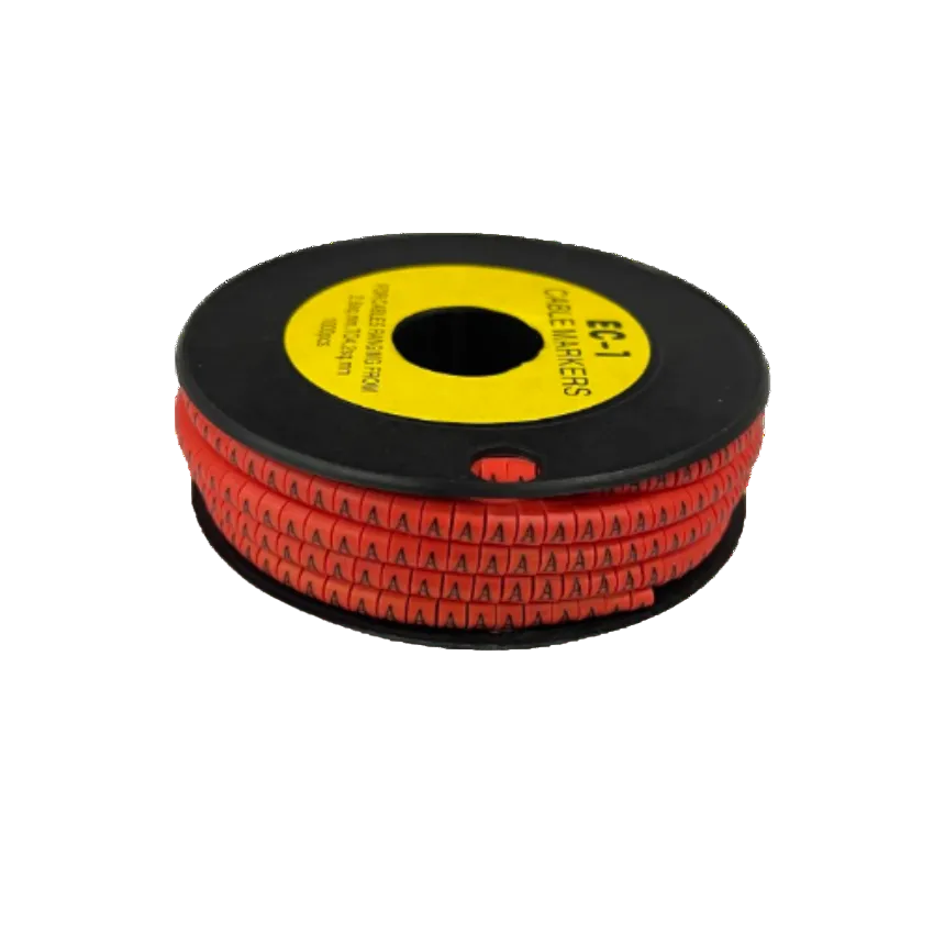 Grippes Cable Marker A - Red spool showing red letter A markers wound on black plastic reel