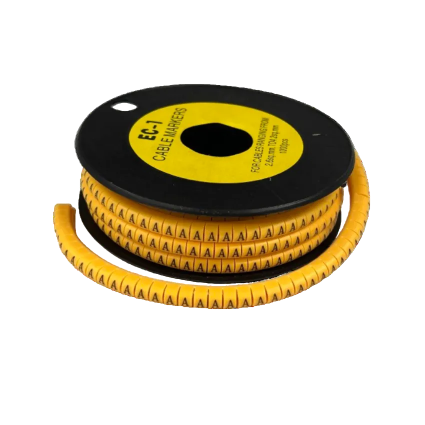 Spool of yellow spiral cable markers printed with repeating letter A for wire organization Cable Marker - A Yellow.