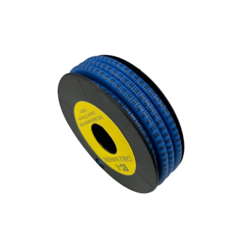 Spool of blue adhesive cable ID rings showing repeated Cable Marker - B Blue labels for wire organization