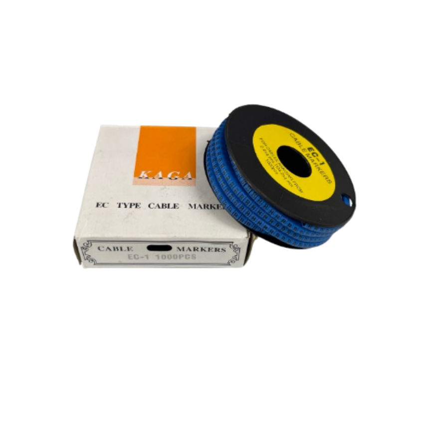 Spool of blue cable rings and box of Cable Marker - B Blue labels for wire identification
