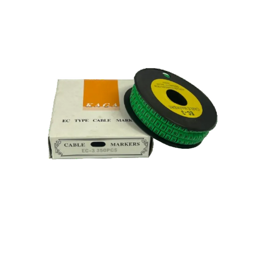 Spool of green letter B cable markers on a black reel next to white box for cable management Cable Marker - B Green