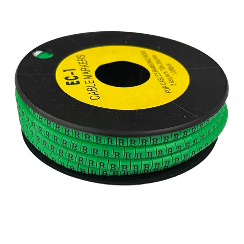 Grippes Cable Marker - B Green spool showing green letter B markers on flexible tape for cable management