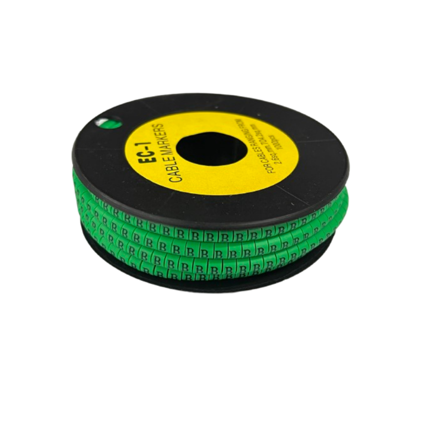 Grippes Cable Marker - B Green spool showing green letter B markers on flexible tape for cable management