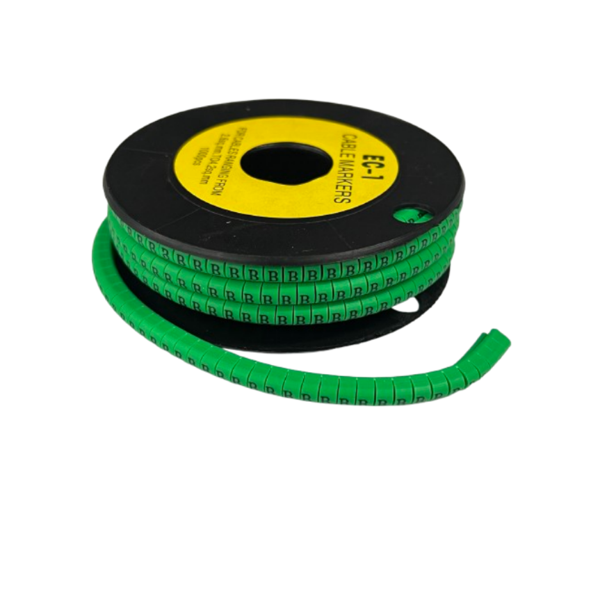 Grippes Cable Marker - B Green reel of flexible green letter B cable markers on black spool for wiring organization