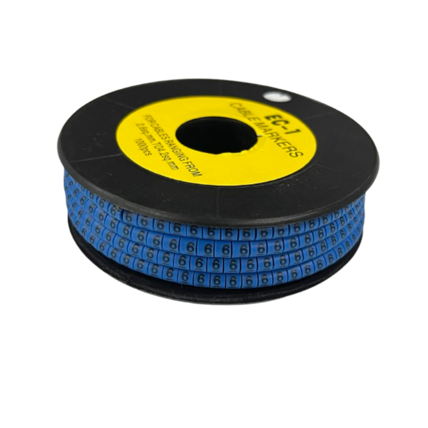 Spool of Cable Marker Blue 6 numeric label beads on a reel for cable organization and identification