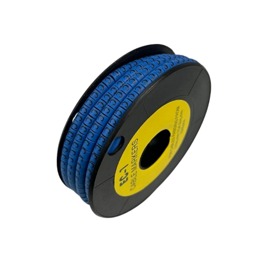 Spool of blue plastic letter C cable markers on black reel for wire labeling Cable Marker - C Blue