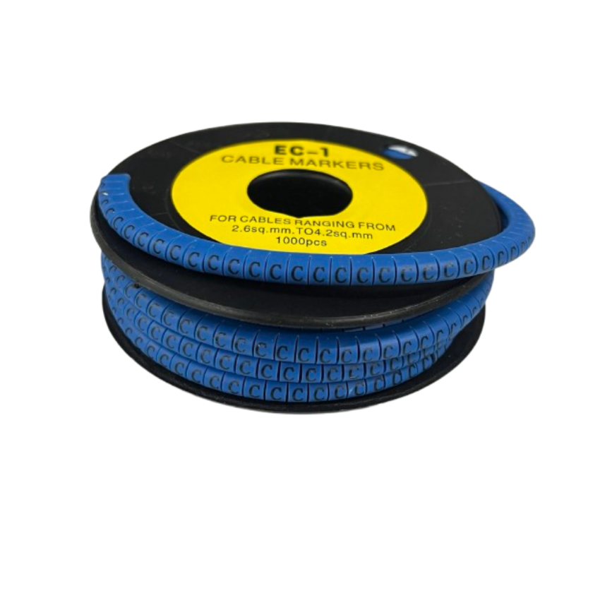 Reel of blue plastic cable markers on spool labeled Cable Marker - C Blue for wire identification