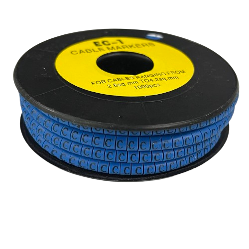 Spool of blue adhesive cable letter tags for wire labeling Cable Marker - C Blue on a black plastic reel