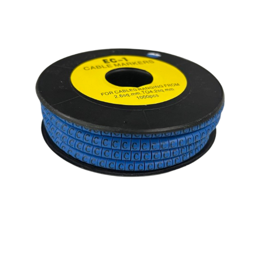Spool of blue adhesive cable letter tags for wire labeling Cable Marker - C Blue on a black plastic reel