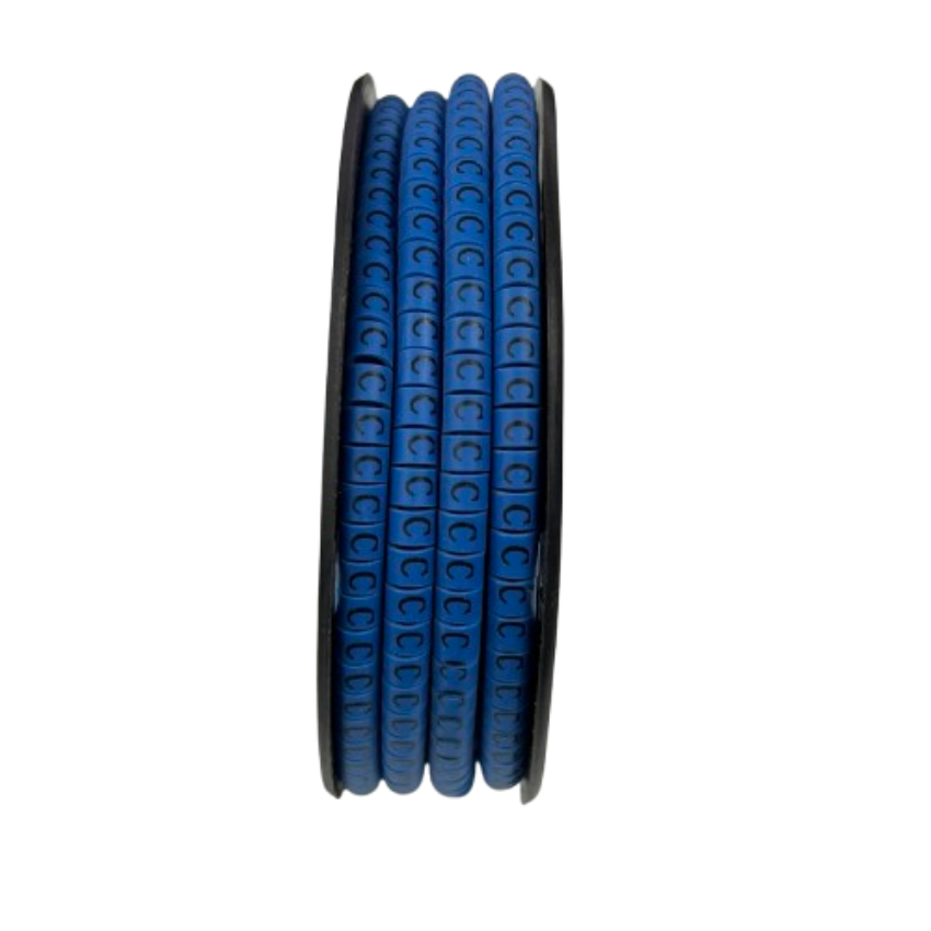 Spool of blue cable management markers showing repeated C labels for wiring identification Cable Marker - C Blue
