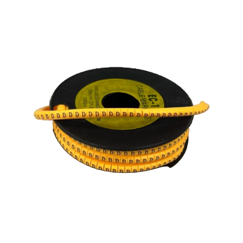 Reel of yellow adhesive cable markers with repeated D labels for wire identification Cable Marker D - Yellow