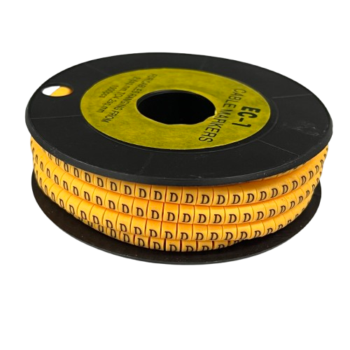 Spool of yellow adhesive cable markers showing repeated D labels for wire identification Cable Marker D - Yellow