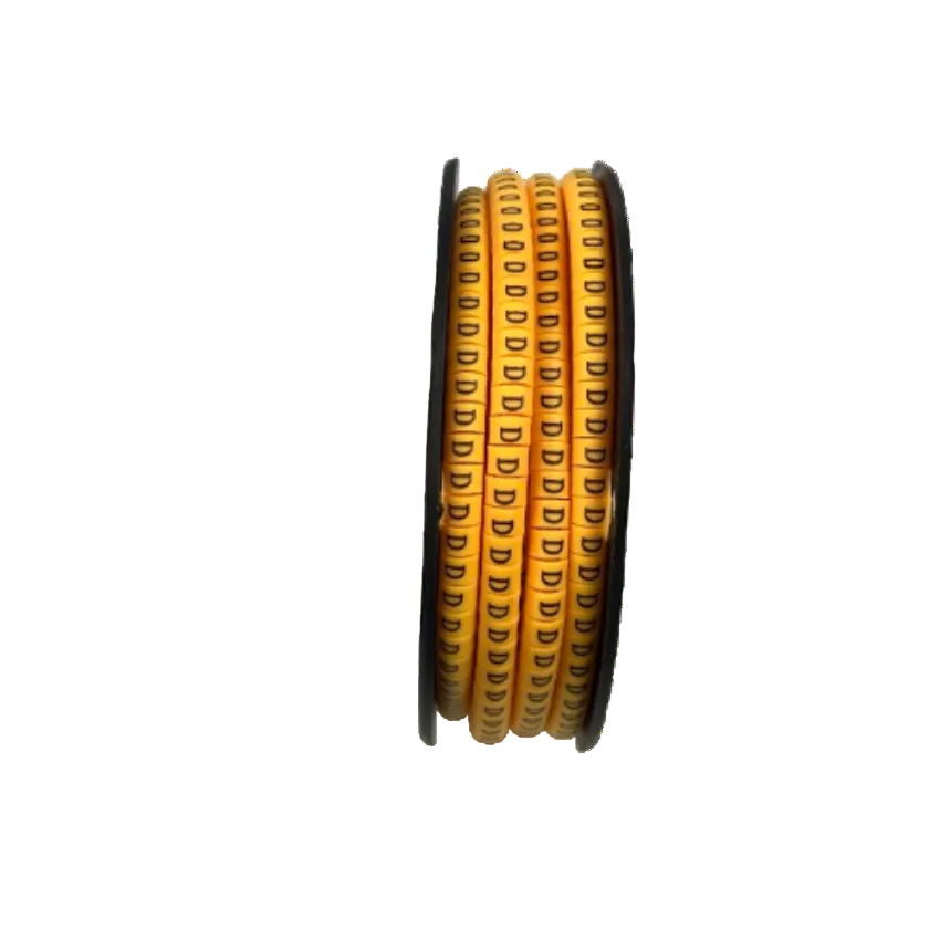 Spool of yellow adhesive cable labels with repeated D markers for wire identification Cable Marker D - Yellow
