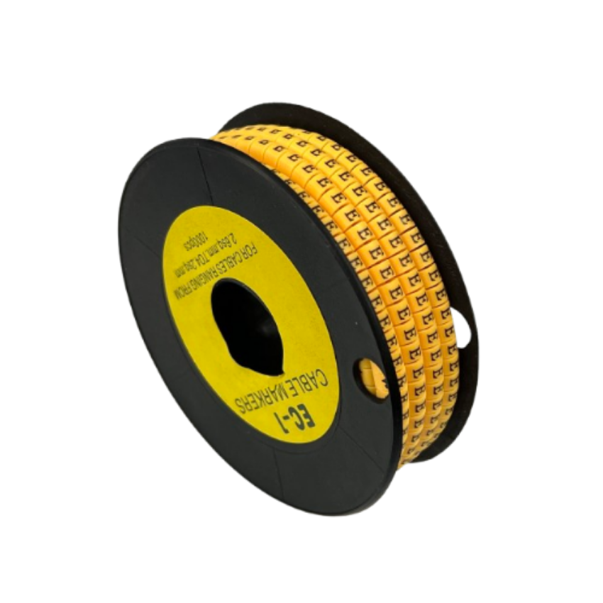 Spool of Cable Marker - E Yellow roll with adhesive letter E wire labels for cable management and identification