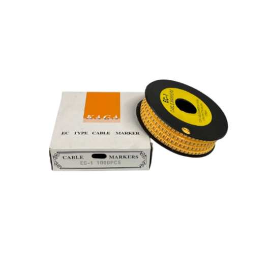 Spool and box of Cable Marker - E Yellow identification labels for cables and wiring on black background